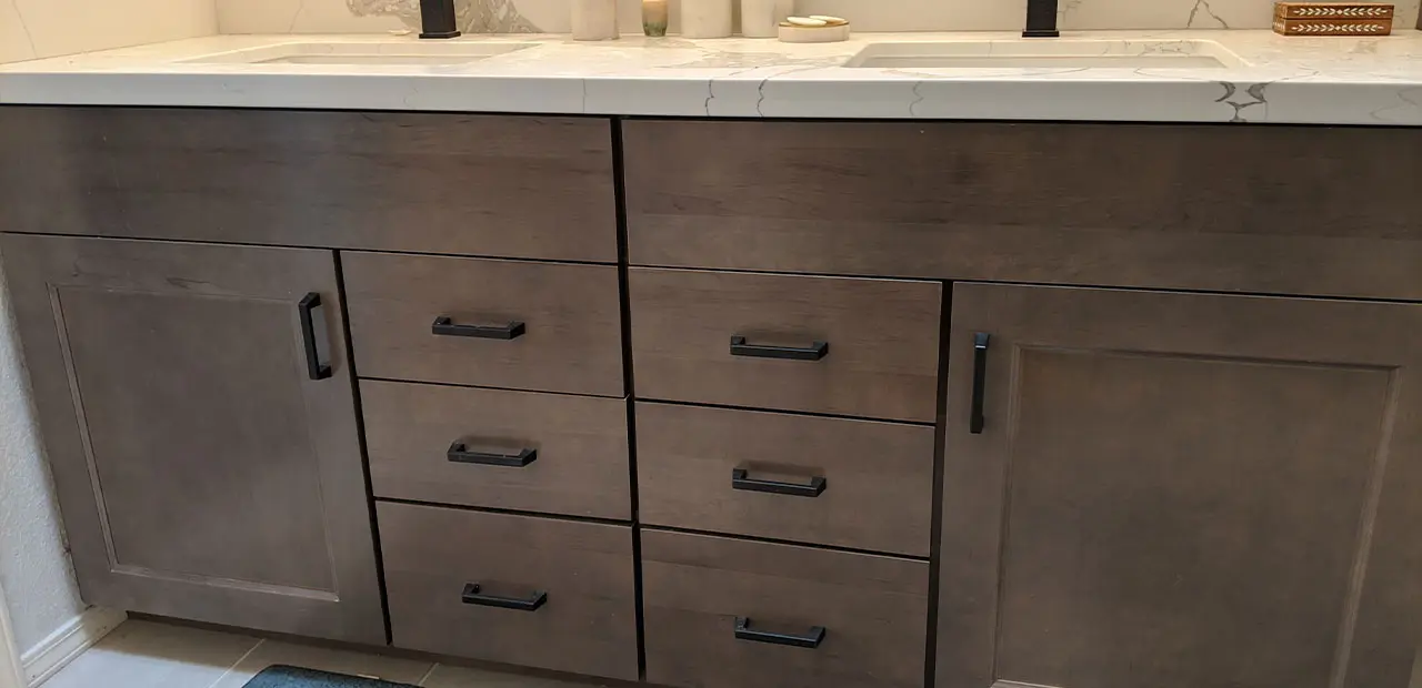 Maple smoke brown modern double sink vanity with marble top