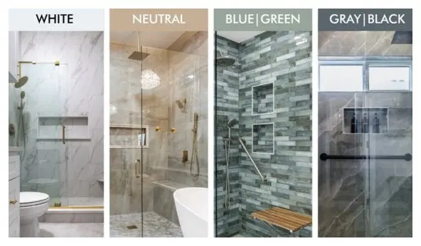 White, Neutral, Blue Green, and Gray Black bathroom design 