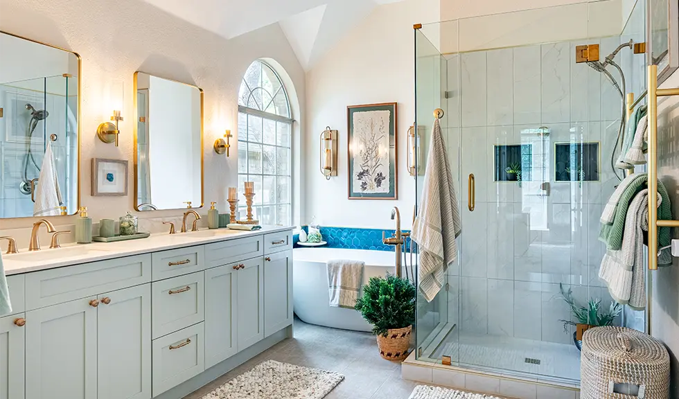 blue tiled full bathroom